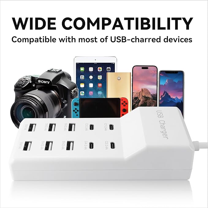 USB Charging Station with 6 USB-A & 4 USB-C Ports, 50W 10A USB Charging Block for Smart Phone, Tablet, Laptop, Multiple Devices - USB Power Strip with Auto-Detect Technology (1 PCS)