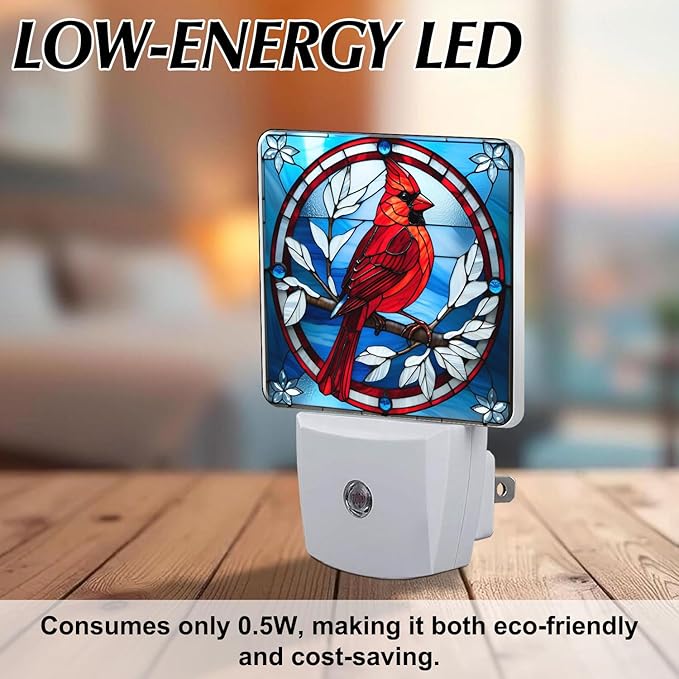 PODMemory Cardinal Stained Glass Night Lights Plug into Wall for Room, Cardinals Night Light LED for Bedroom