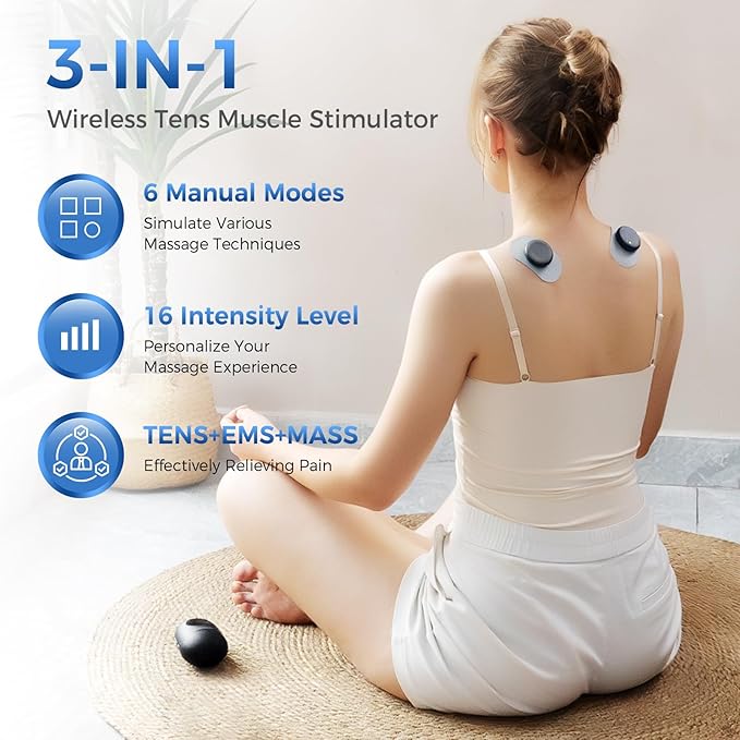 KingPavonini Wireless TENS Unit, Muscle Stimulator for Pain Relief, Portable Rechargeable TENS EMS Machine, LED Screen, Remote, Dual Channel 6 Modes 16 Intensity Massager, Charging Case (Black)