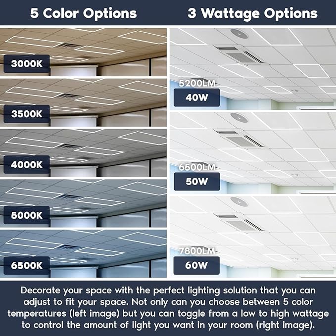 2x2 FT Edge-Lit Frame LED Panel Lights,5CCT Selectable 3000K-6500K, 2600/3900/5200LM,20W/30W/40W Switch Grid Drop Ceiling Lights,0-10V Dimmable,Damp Rated,100-277V,ETL Listed (2 x 4-4 Pack)