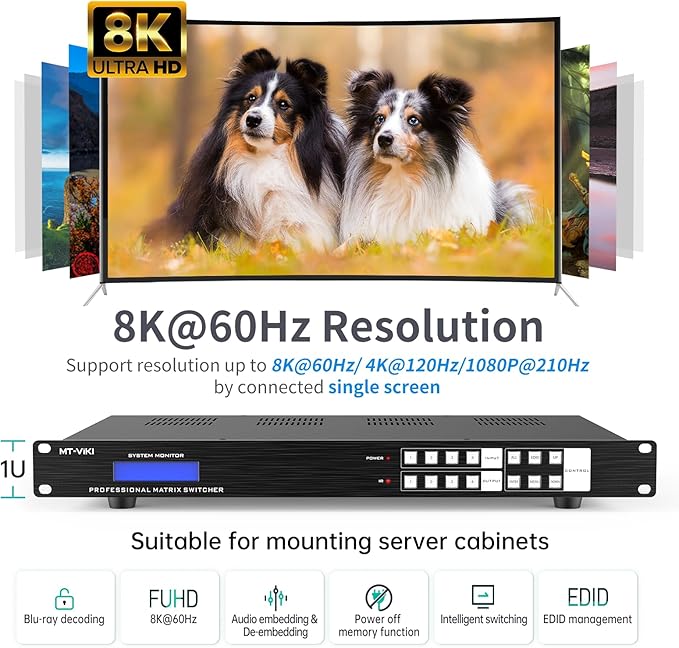 MT-VIKI 4x4 8K UHD HDMI 2.1 Matrix Switcher with Audio De-embedder, 8K@60Hz and 4K@120Hz, EDID, RS232, LAN Port, APP (4 in 4 Out)