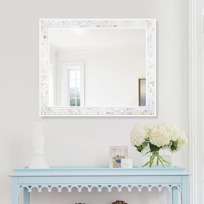 Tanmicoshomy 30 x 36 Inch White Rectangle Wall Mirror, Natural Shell Framed Rectangular Mirror for Bathroom Bedroom, Living Room, Entryway, Wall Mounted Horizontal or Vertical