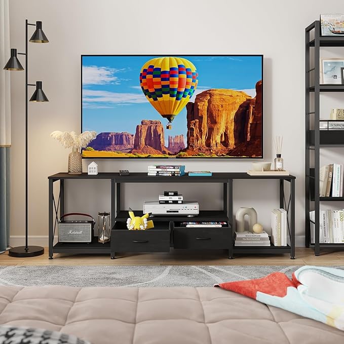 GYIIYUO TV Stand with Fabric Drawer for 50 55 Inches TV - Entertainment Center and Industrial TV Console Table with Open Storage Shelves for Living Room, Bedroom - 47" Black