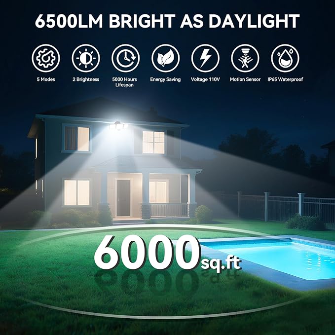PURICH LED Security Lights Motion Sensor Outdoor Lights, 5000K Daylight, IP65 Waterproof, Dusk to Dawn, 3-Head Motion Detected Flood Light for Garage, Yard, Porch