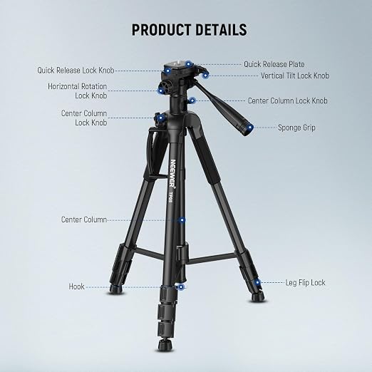 NEEWER Basic 74" Video Tripod Monopod, 3 Way Pan Tilt Head, Overhead Camera - Image 7