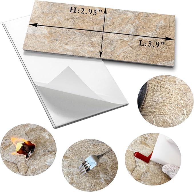 AULIGET Peel and Stick Backsplash Wall Tiles, 3" x 6" PVC Sandstone Faux Stick on Tiles, Pack of 4