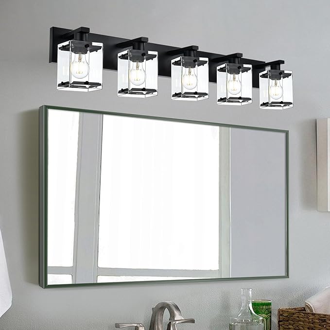 WINSHEN 5-Light Modern Vanity Lighting, Black Bathroom Light Fixture Over Mirror with Rectangular Clear Glass,E26 Bulb Base