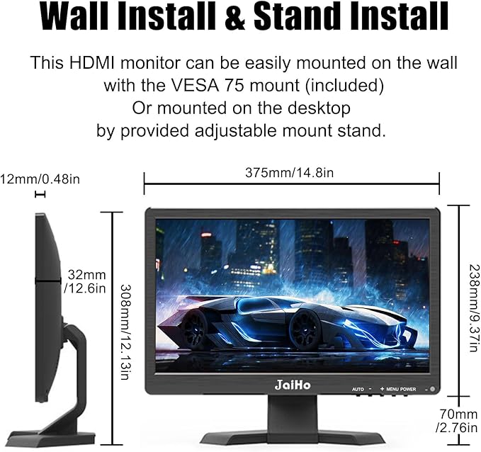 JaiHo 15.6 Inch 60Hz Computer Monitor - 1920×1080P Widescreen Display Screen - 16:9 Office PC Monitor with Multifunctional Input - Gaming Monitor for Gaming CCTV Raspberry Pi PC - VESA Mounting