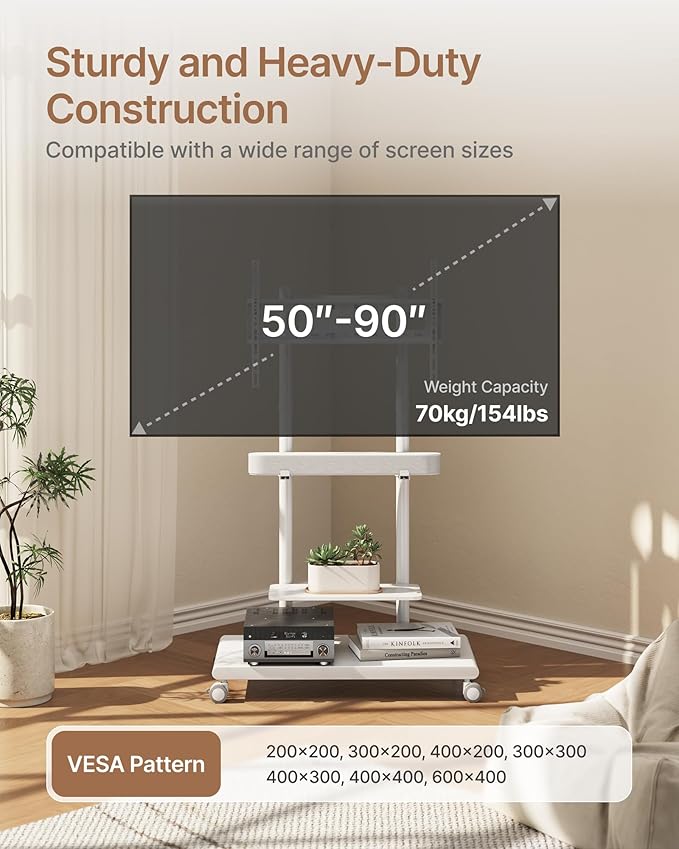 ECOTINY Steel Base Rolling TV Stand with Soundbar Mount for 50-90 inch TVs up to 154lbs, Swivel&Tilt Mobile TV Stand with Large Storage, Height Adjustable Heavy-Duty TV Cart, Max VESA 600x400mm, White