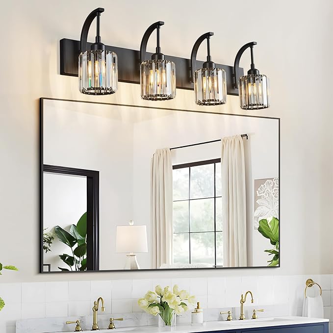 FDPBY 4-Light Crystal Vanity Light, Modern Black Bathroom Wall Sconce with K9 Crystal Shades, 32.67" Long Over Mirror Lighting for Vanity, Makeup, Hallway, Elegant & Easy Install