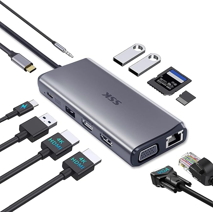 SSK Laptop USB C Docking Station Dual Monitor,HDMI 4K/60Hz Multiport Adapter 11 in 1 USB C Hub, Thunderbolt Dock Triple Display with 2 HDMI+VGA,RJ45 Ethernet,100W PD,3 USB for MacBook
