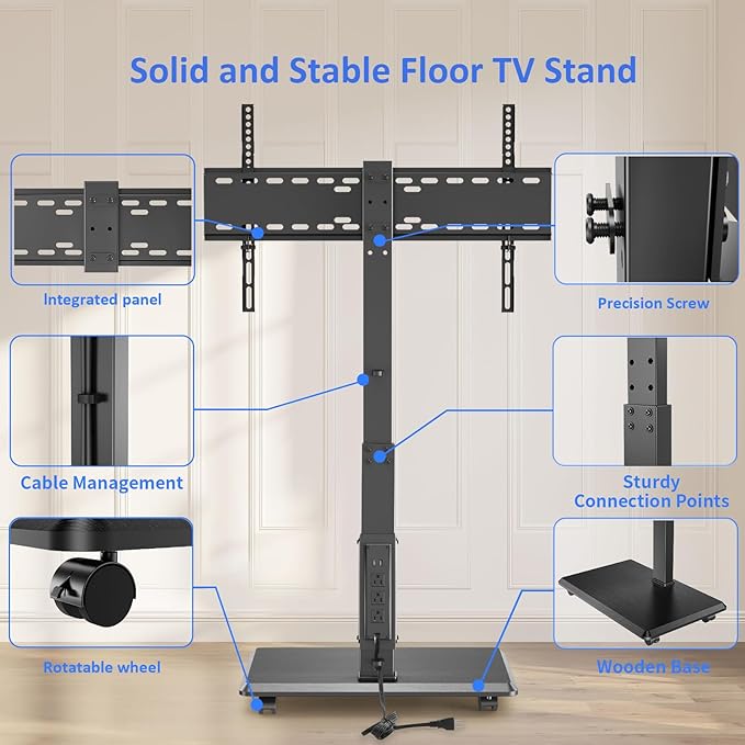Afaloona Rolling TV Stand with Power Outlet, Mobile TV Stand for 32-75 Inch TVs up to 110 lbs, 30° Swivel TV Floor Stand, 18 Adjustable Heights, TV Cart on Wheels for Bedroom, Office, Outdoor, Black