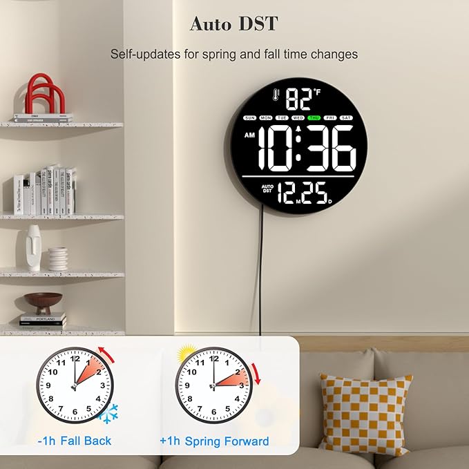 WallarGe Large Digital Wall Clock with LED Display, Electric Wall Clock with Temperature, Auto DST, Date, and Day, 5-Level Brightness for Office, Bedroom, Living Room, Classroom Décor