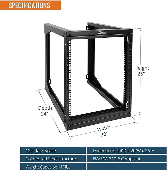Tecmojo 12U Wall Mount Server Rack, Open Frame Network Rack for 19" Computer/AV/Data/IT/Media Equipment, 24" Depth, 16" Apart Mounting Holes, Swing Gate, Square and Tapped Holes