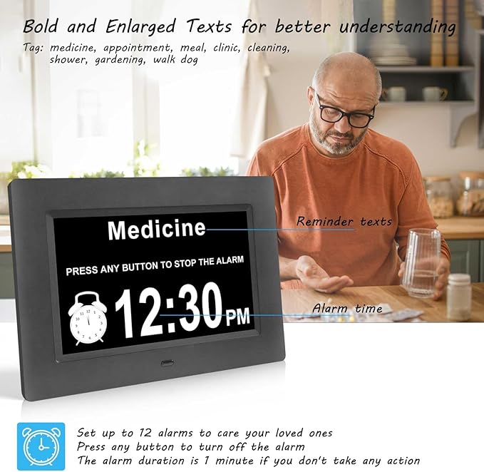 Jaihonda Dementia Clocks for Seniors,7 Inch Clock with Day and Date for Elderly,12 Alarms Option,Auto Dimmable,Large Display Digital Clock with Large Number
