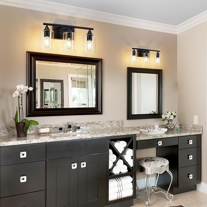 XPEHK Bathroom Lighting Fixtures Over Mirror,3-Light Black Bathroom Vanity Light,Sconces Wall Lighting with Clear Glass Shade,Light Fixture for Bedroom Living Room Vanity Table Hallway