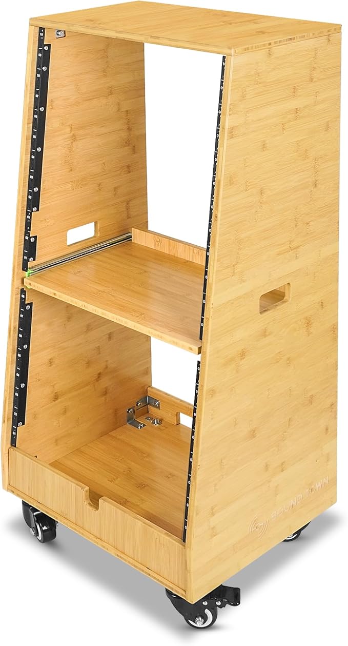 Sound Town DIY Solid Carbonized Bamboo Slanted 20U Studio Rack (12U Top + 8U Lower), with 2U Bottom Storage, Slide-Out Tray, Caster, For Recording Room, Home Studio (STBR-ST20T)