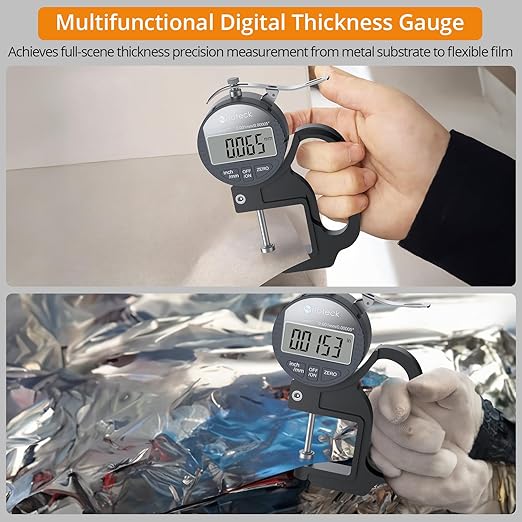 Neoteck Digital Thickness Gauge 1inch/25.4mm,0.00005inch/0.001mm LCD Display with Inch/MM Conversion One-Hand Quick Press Thickness Measuring Tool for Leather Paper Fabric Film etc.-Silver-Grey