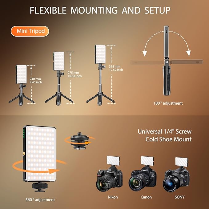 SEAEYES 120 LED Video Light, Portable USB Photo Light Dimmable 2500-9000K CRI 95+ 5000mAh Battery with Tripod with Colored Filters and Clip, Photo Lamp for Phone/iPad/Laptop/Camera
