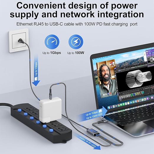USB C to Ethernet Cable with Charging 6.6 Feet, USB-C Male 100W PD & Gigabit - Image 3
