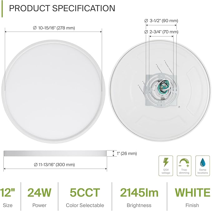 ASD LED 12" Round Flush Mount Ceiling Light Fixture, Low Profile Surface Lighting | 5CCT, Dimmable, Ultra-Thin, ETL Listed | 24W 1900LM 2700-6000K 120V | Kitchen, Hallway Lamp | White, 12 Pack