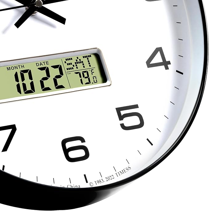 TIMESS Wall Clock, 14" Large Dial Non-Ticking Silent Battery Operated Analog with LCD Display for Perpetual Calendar and F° Temperature, Ideal Modern Home, Bedroom, Office Decor (Black)
