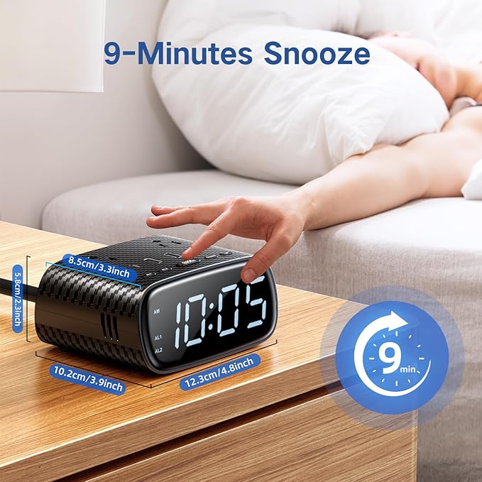 XBA Digital Alarm Clock with 20W USB C Ports, Dual Alarm Clock Power Strip with 2 AC Outlets, 4 USB Charging Ports, Dimmable Snooze Desk Clock with 6FT Cords for Bedrooms,Travel, Black