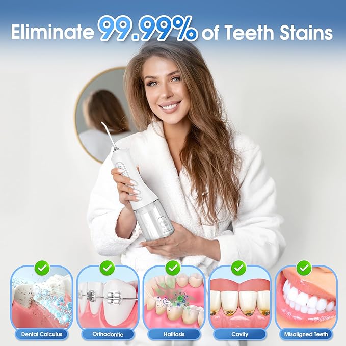 Water Flosser, Rechargeable 300ML IPX7 Waterproof Cordless Portable Oral Irrigator with 4 Modes & 6 Replaceable Jet Tips-Professional Flossing Cleaner for Daily Home Use,Travel,Gums,Braces Care-White