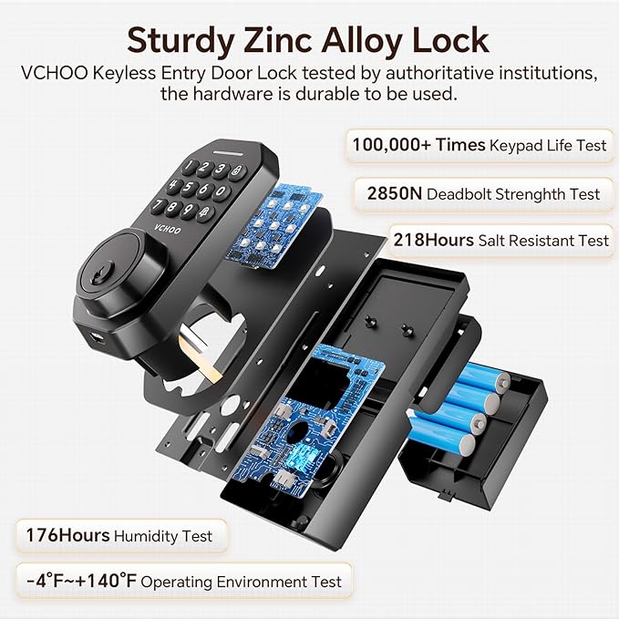 VCHOO Keyless Entry Door Lock Set WiFi Smart App Control Door Lock for Front Door Keypad Deadbolt with 2 Knobs Auto Lock One Time Codes Easy Install, Black