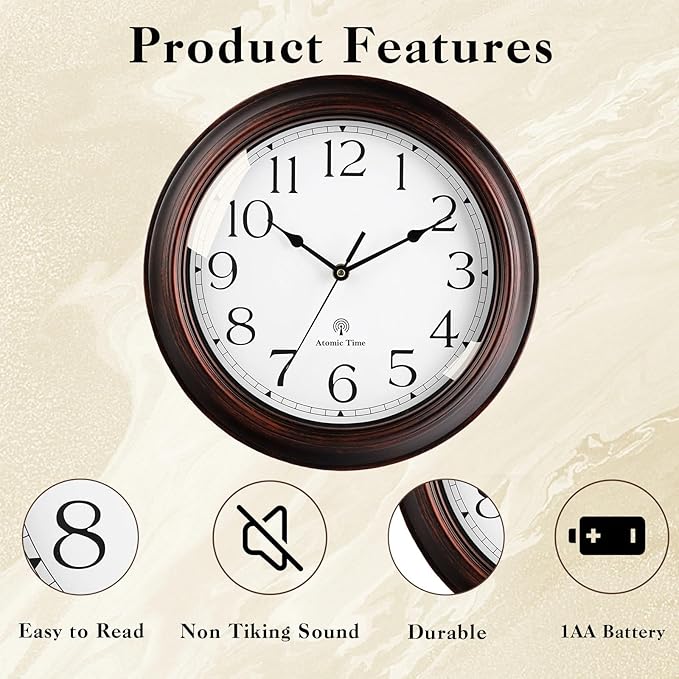 KECYET Atomic Wall Clock 10 Inch, Silent Non-Ticking Vintage Clock Battery Operated Classic Analog Decorative for Kitchen, Living Room, Office, Bedroom, Bathroom (Bronze)
