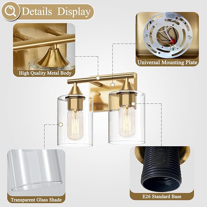 XPEHK Gold Vanity Lights for Bathroom,2-Light Bathroom Light Fixtures,Brushed Brass Gold Wall Sconce Lighting,Modern Wall Lamp for Mirror Bedroom Vanity Table Hallway