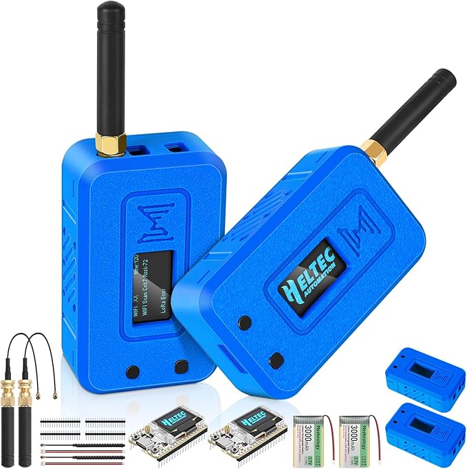Meshnology 2 Set ESP32 Lo Ra V3 Module Board with 915 MHz Antenna + 3000mAh Battery + Case - with WiFi Blue Tooth SX1262 CP2102 0.96” OLED Display Type C for Ar duino Mesh Tastic IOT (N35, Blue)
