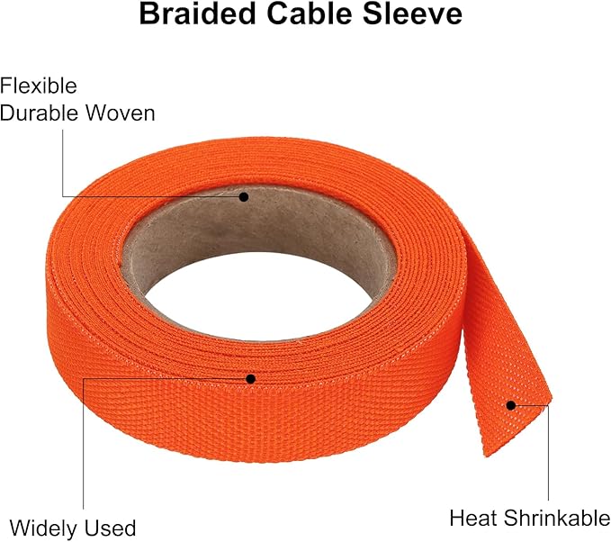 MECCANIXITY Braided Cable Sleeves Heat Shrinkable Fabric Sleeving, 1/2" 16ft Orange 2:1 Ratio Heat Shrinkable Cord Protector for Harness Cable, Network Cable Protection, Cable Management