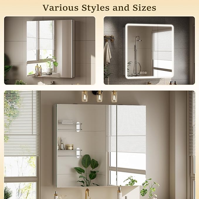 Bathroom Medicine Cabinet with Mirror, 30 Inch x 24 Inch Bathroom Mirror Cabinet with Single Door & Adjustable Shelves, Surface Mount or Recess Installation