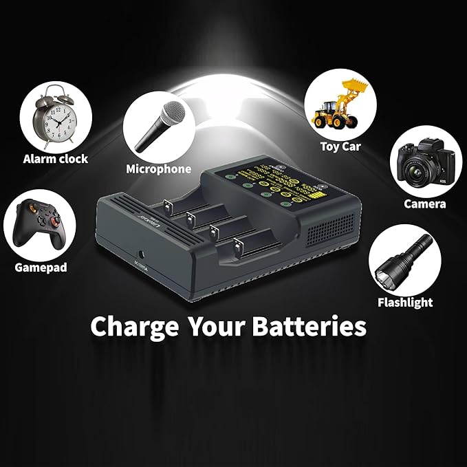 18650 Battery Charger, MIEKLALE 4-Bay 3A Fast Rechargeable Battery Charger with Smart LCD Display,Discharge & Testing Functions for Rechargeable Batteries Li-ion 16340 18650 26650 10440 14500