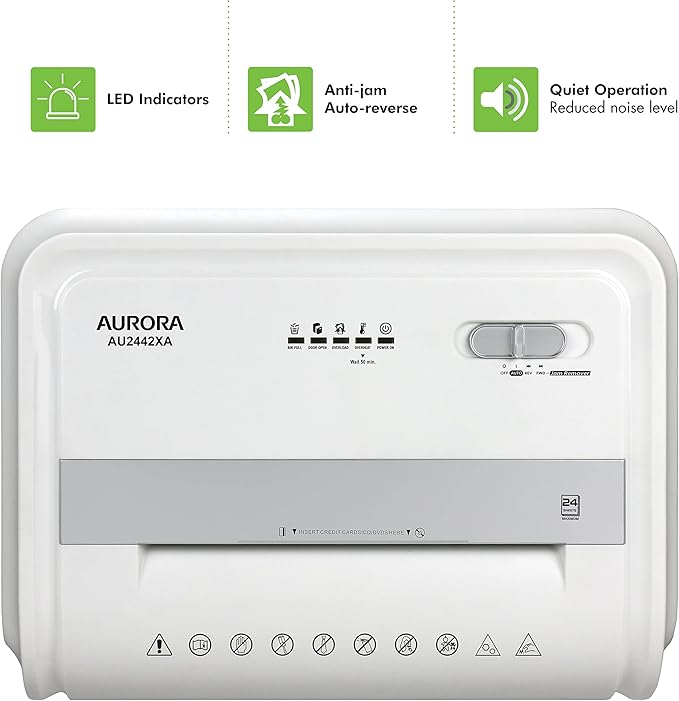 Aurora Heavy Duty Anti-Jam 24-Sheet Crosscut Shredder/40 Min Run Time/ 7-Gallon Pullout Basket, White/Grey