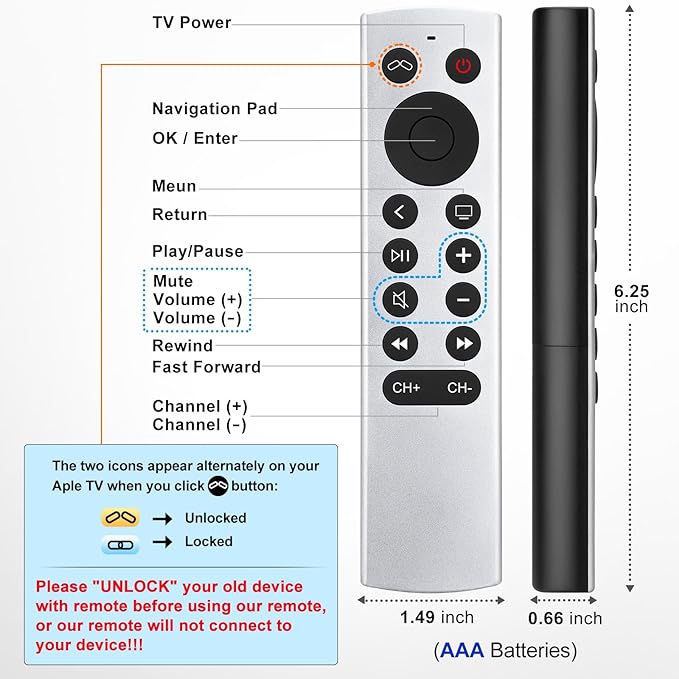 Replacement for Apple-TV-4K-Remote, Remote Control for Apple TV 4K/HD (NOT Siri and Voice)