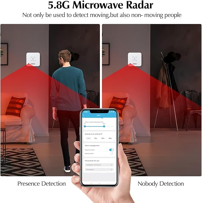 eMylo WiFi Human Presence Sensor 2 Pack, WiFi Millimeter Wave Radar Detection - No Hub Needed, 24/7 Smart Motion Detection for Home & Business, Compatible with TUYA/Smart Life(2.4 GHz Wi-Fi Required)