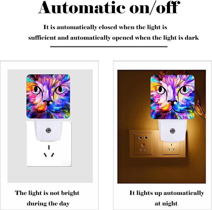 FSHVQKD Colorful Cat Face Night Light,Plug Into Wall Decor for Stairway,Hallway,Kitchen,Dusk to Dawn Sensor Nightlights for Boys/Girls/Women/Men Room Gifts