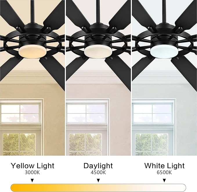 ELEHINSER 72 Inch Ceiling Fan with Lights and 3 Downrods, 8 Plywood Blades, 6-Speed Noiseless Reversible DC Motor, 3CCT, Windmill Ceiling fan for Kitchen Bedroom Living Room, Matte Black