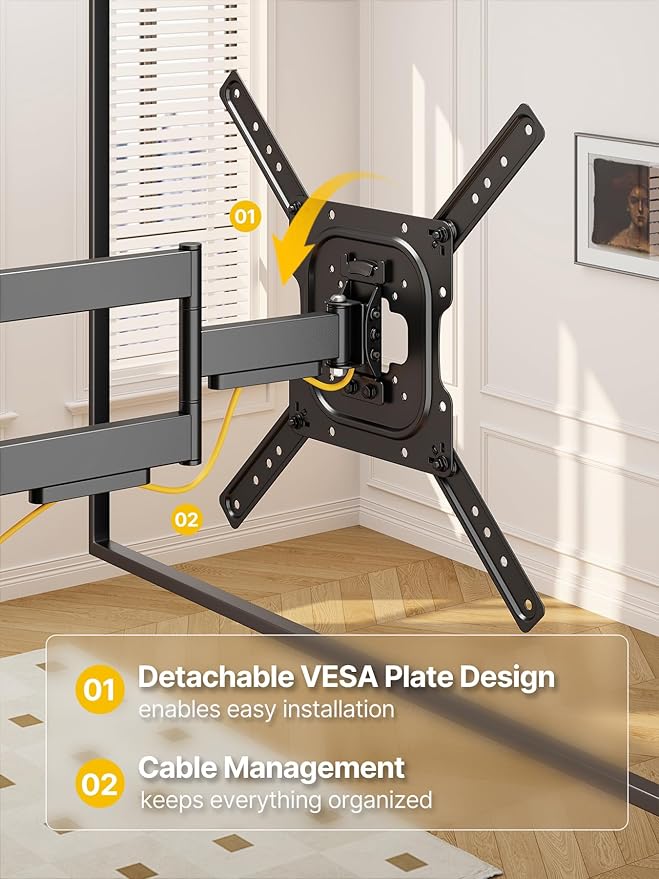 monTEK Full Motion TV Wall Mount for 23–65 Inch Flat & Curved TVs and Monitors, Swivel & Tilt Articulating Bracket, Max VESA 400x400mm, Holds up to 77 lbs, Perfect Center Design