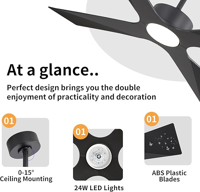 WINGBO 64" Wet Rated Outdoor Ceiling Fan with Lights, 4 ABS Plastic Blades, Reversible DC Motor, 6-Speed Remote Control, 3 CCT, Waterproof Ceiling Fan for Patio Porch Gazebo Garage, Matte Black
