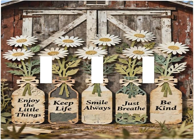 Bvtewkhz Rustic Daisy Barn Door Flowers 3 Gang Triple Toggle Decorative Light Switch Covers Electrical Faceplate Switch Plates for Bathroom Kitchen Home