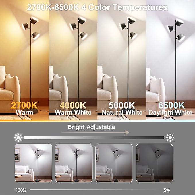 Pesken 42W LED Tree Floor Lamp, 4500 Lumens Dimmable Standing Lamp with Remote & Touch Control, Modern Super Bright 3 Rotatable LED Light Floor Lamps for Living Room, Bedroom, Office