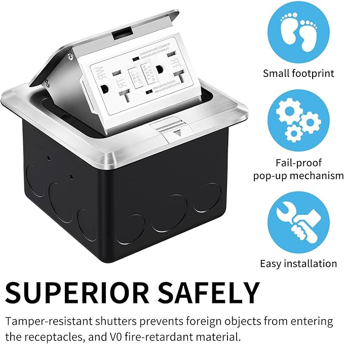 Vagueior Recessed Floor Electrical Outlet Kit,Waterproof Electrical Outlet Covcer Box,Hidden GFCI Outlet+20A Tamper-Resistant Receptacle Outlet with Slow Elastic Damping，ETL Certified，Silver(2 Pack)