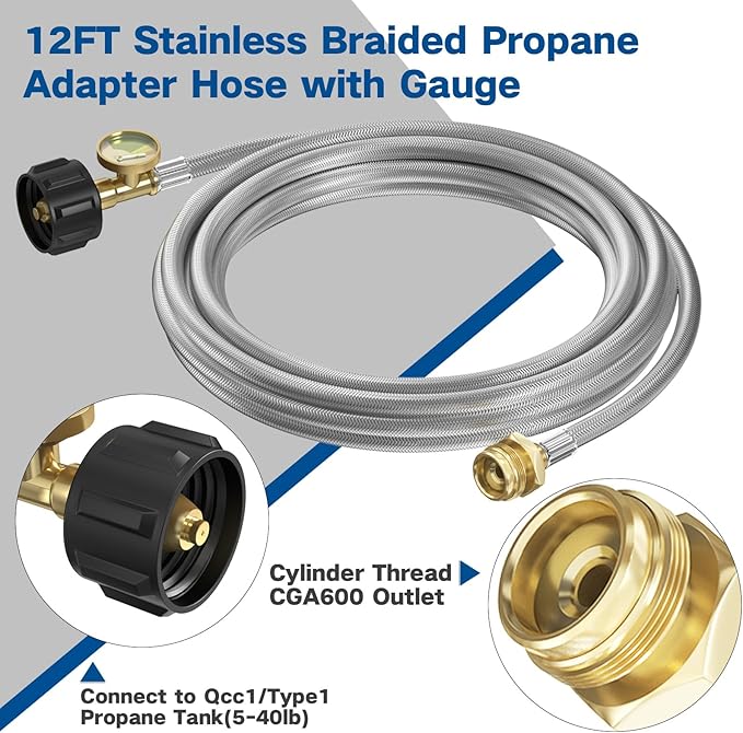 NQN 12FT Stainless Braided Propane Adapter Hose with Gauge, Propane Tank Hose Adapter 1lb to 20lb Converter for QCC1/Type1 Coleman Camp Stove, Buddy Heater, Tabletop Grill&More 1lb Portable Appliance