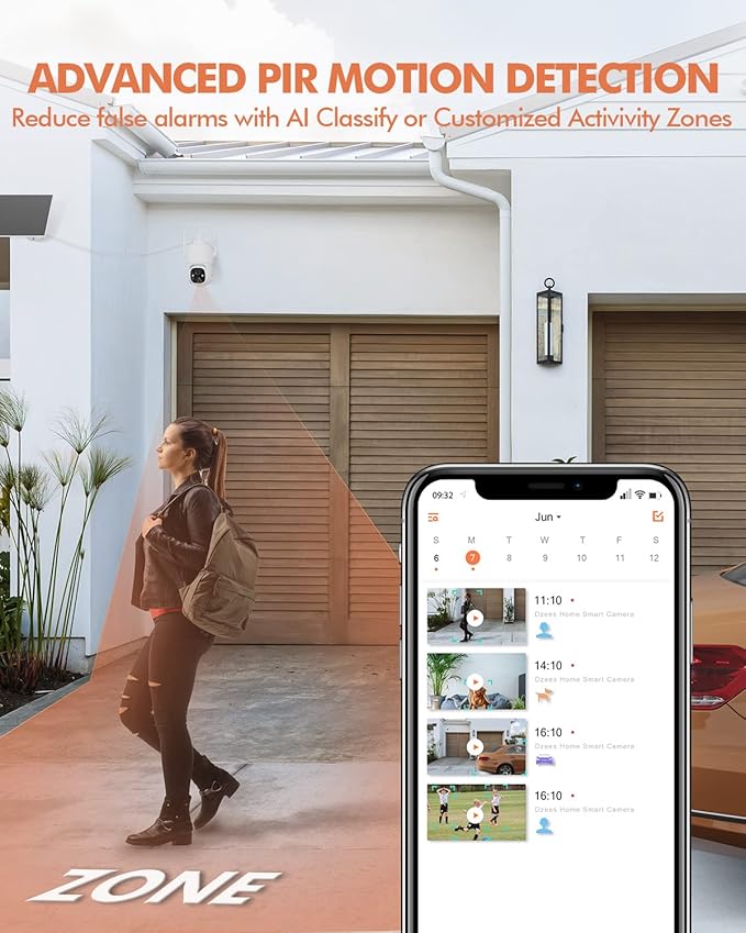 Dzees Solar Security Cameras Wireless Outdoor, 2K Battery Powered Security Camera, 360° PTZ Camera with Spotlight, Siren, Color Night Vision, AI Dectection, IP66 for Home Security, 2.4GHz