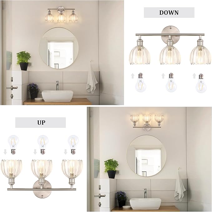 Shenmoyl Bathroom Light Fixtures, 3-Light Vanity Wall Light Over Mirror with Clear Tulip Glass Shade for Bedroom Living Room (Bulb Not Included), Satin Nickel