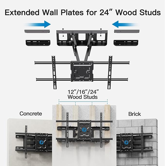 Full Motion TV Wall Mount Articulating Arms Swivel Tilt Rotation for Most 37-84 Inch OLED, LCD, LED Flat Curved TVs, Extension to 24 inch Wood Stud up to 132lbs Max VESA 600x400mm by Pipishell
