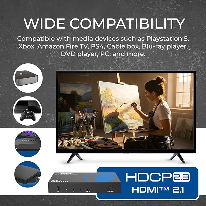 OREI HDMI Switch with Remote – 4K@120Hz 4:4:4 or 8K@60 4:2:0 HDMI Switcher – HDR10+, Dolby Vision, VRR, ALLM, CEC – HDMI Switch Perfect for PS5/Xbox, Blu-ray Players, Fire TV